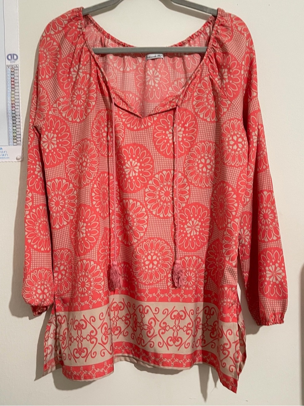 Amanda Blu Women's Coral Floral Tassel Tunic Top - Breezy Peasant Style Size XL